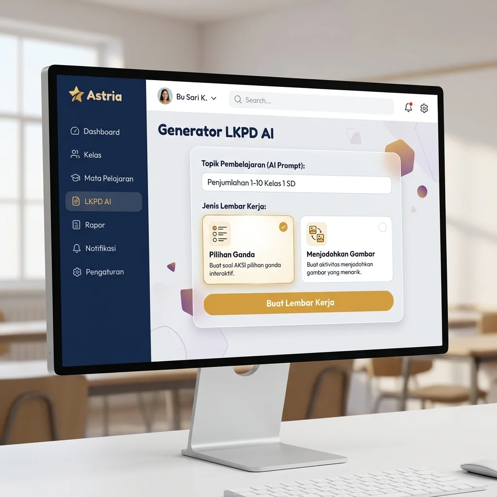 Form input topik dan pemilihan jenis soal di dashboard asisten digital Astria