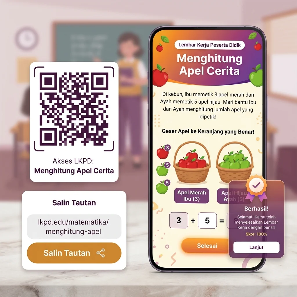 Tampilan interaktif lembar kerja Apel Cerita di HP Murid dan QR Code sharing di Astria