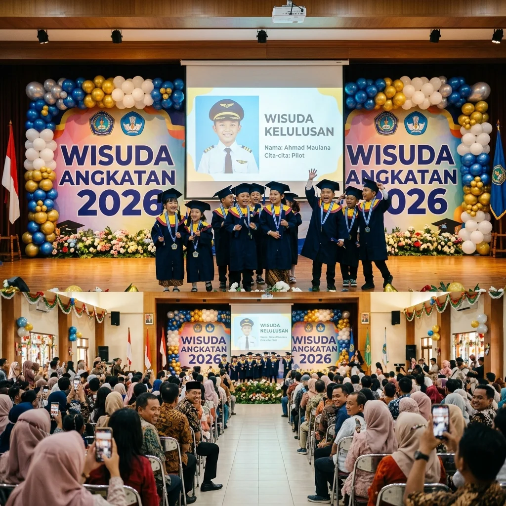 Suasana perayaan wisuda kelulusan dengan layar proyektor menampilkan slide cita-cita pilot siswa